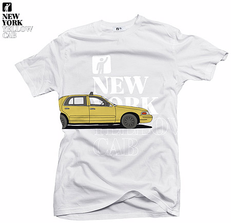 Концепт футболки 'yellow cab': белый фон; принт жёлтого такси и надпись